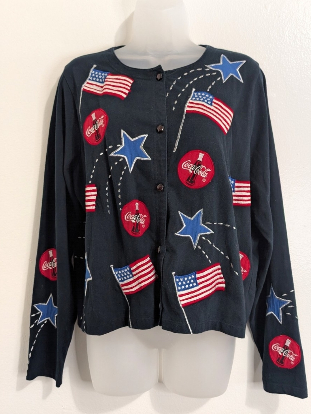 VTG Coca Cola by Michael Simon Patriotic Retro Novelty 90s Y2K Print Cardigan L